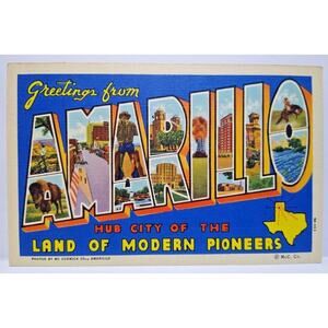 Greetings From Amarillo Texas Big Large Letter Linen Postcard Curt Teich Unused